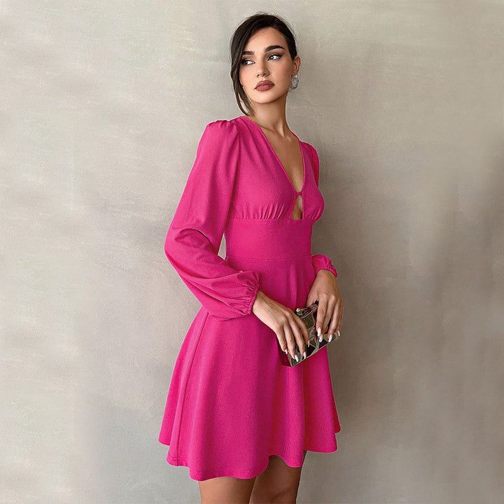Damen kurzes A-Linien-Minikleid mit V-Ausschnitt und kleinem Ausschnittdetail, Empire-Taille und Ballonärmeln Drune