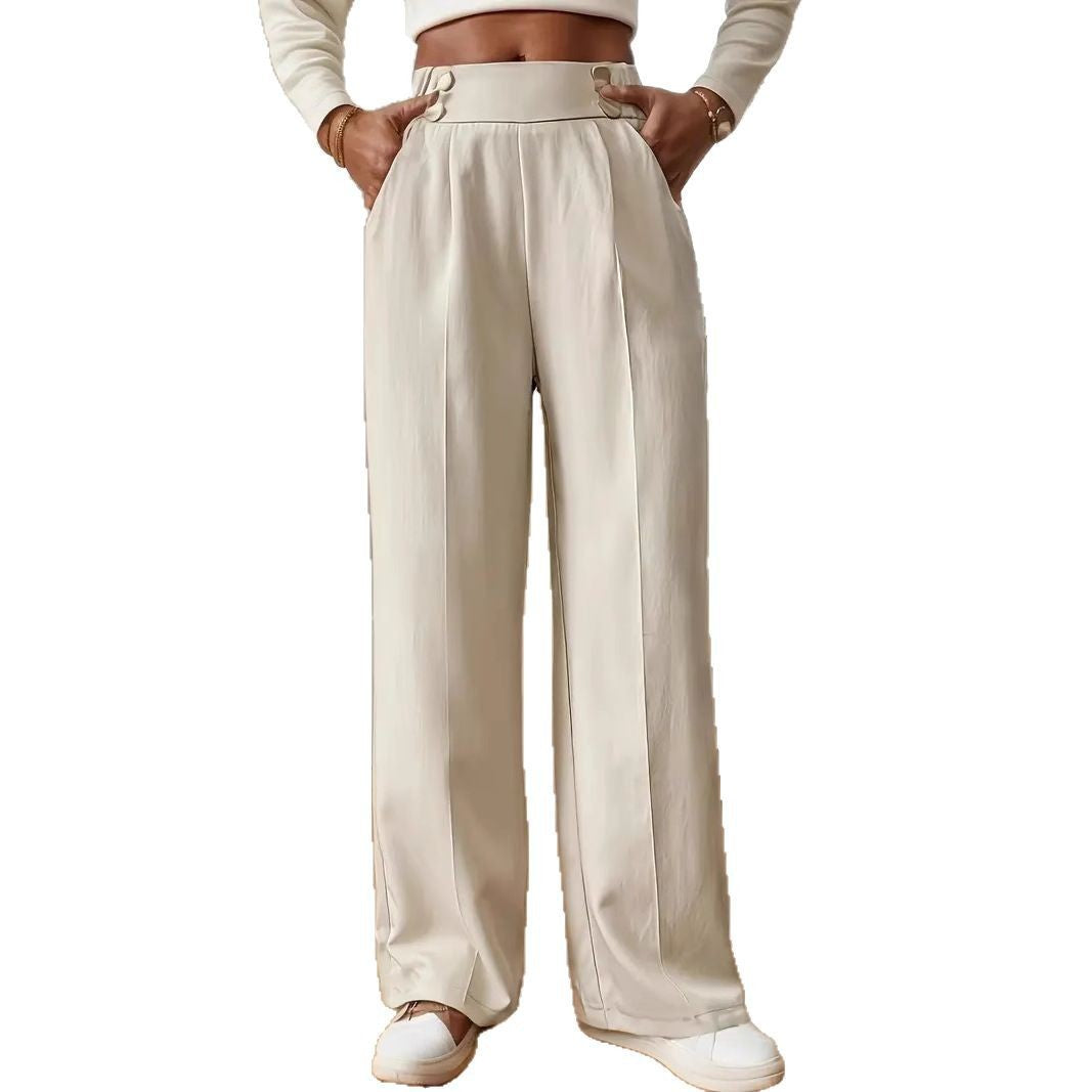 Damen Hochtaillierte Weite Palazzo‑Hose mit Bundknöpfen, Bügelfalte und Eingrifftaschen Drune