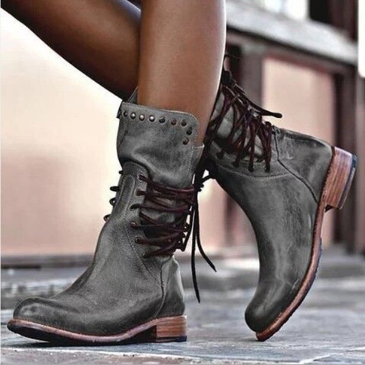 Damen Lederstiefel mit Schnürung und Nieten Drune