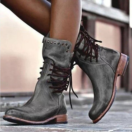 Damen Lederstiefel mit Schnürung und Nieten Drune