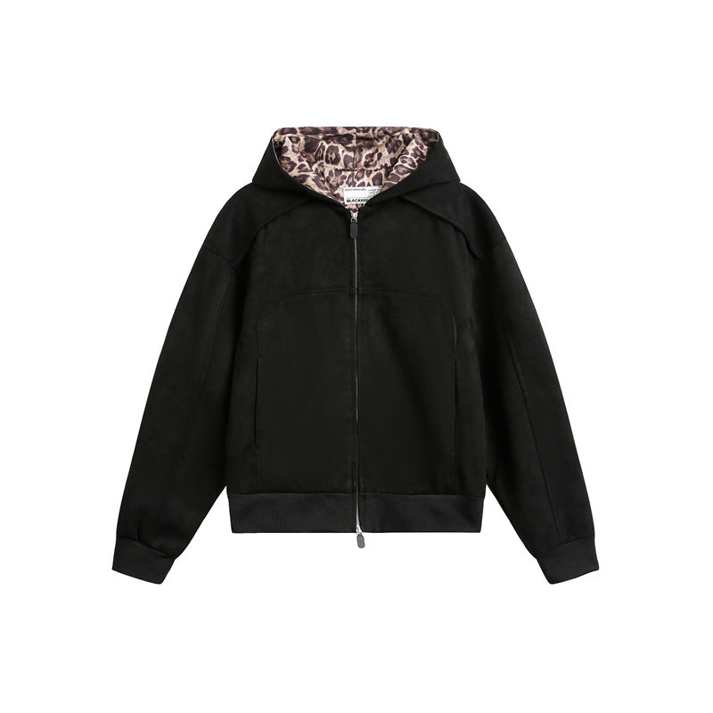 Damen Oversize-Kapuzen-Sweatjacke mit Reißverschluss und gefütterter Leoparden-Kapuze Drune