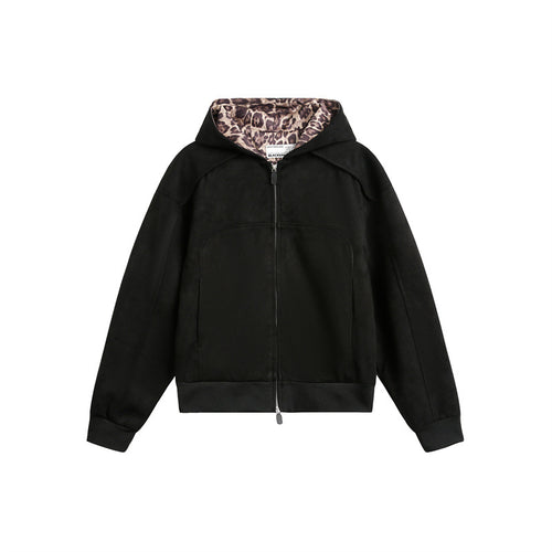 Damen Oversize-Kapuzen-Sweatjacke mit Reißverschluss und gefütterter Leoparden-Kapuze Drune