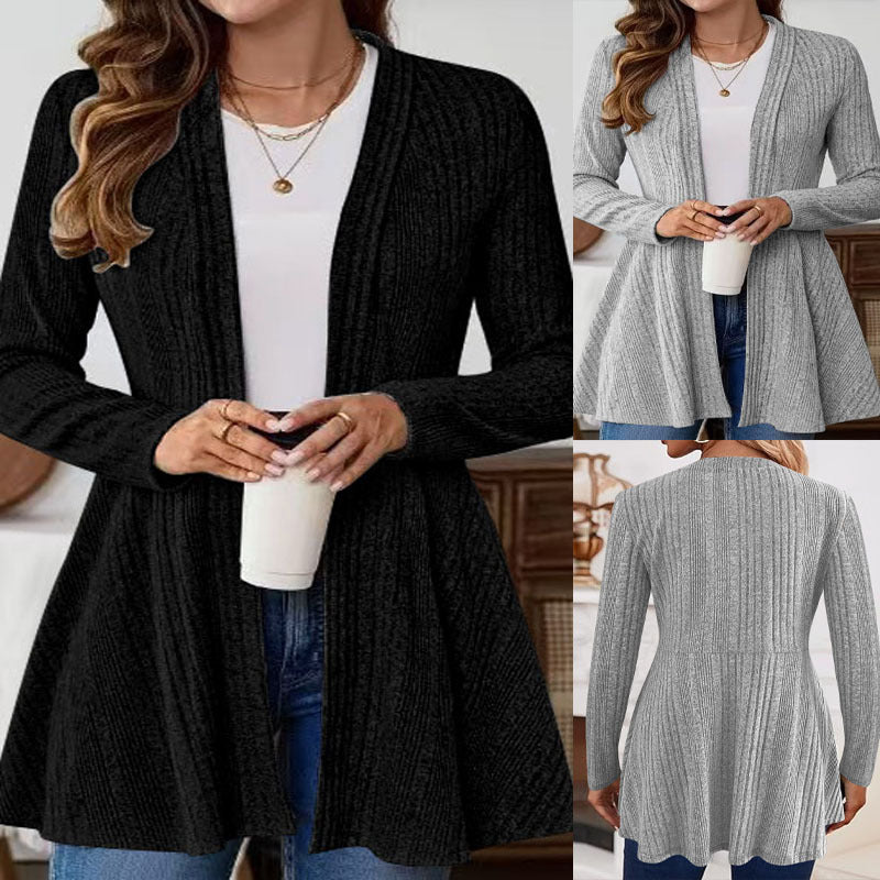 Damen Offener Gerippter Longcardigan mit ausgestelltem Saum Drune