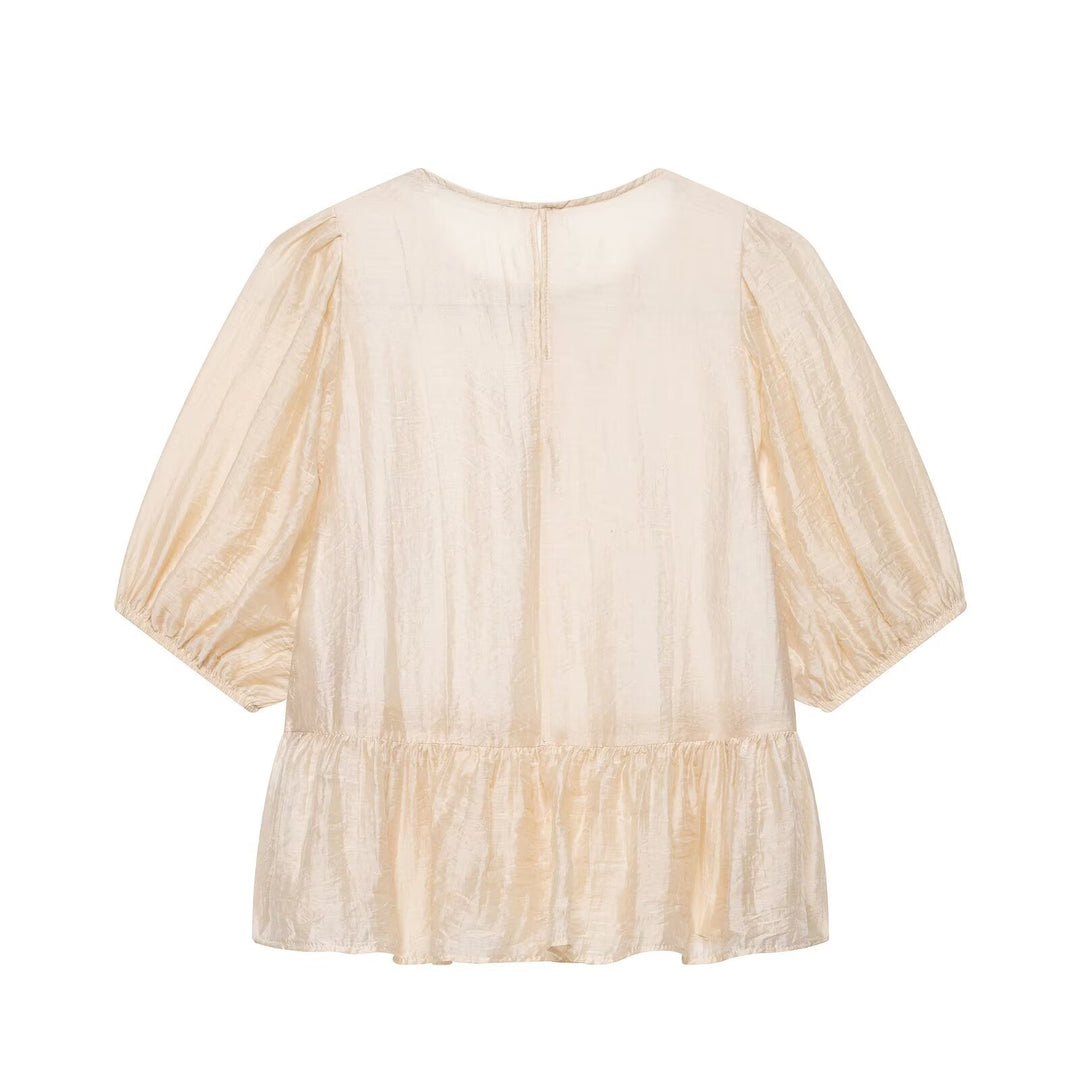 Damen Häkel-Overlay-Bluse mit Volant-Underlayer und Puffärmeln Drune