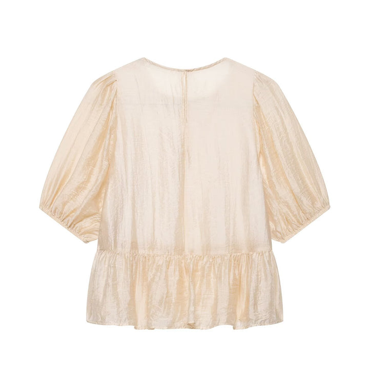 Damen Häkel-Overlay-Bluse mit Volant-Underlayer und Puffärmeln Drune