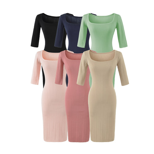 Damen Geripptes Midikleid mit quadratischem Ausschnitt und dreiviertelärmeln Drune