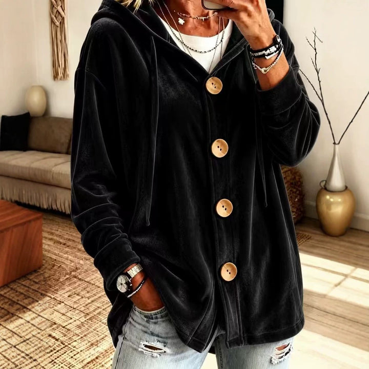 Damen Oversize Kapuzen-Samtjacke mit großen Holzknöpfen und weichem Veloursfutter Drune