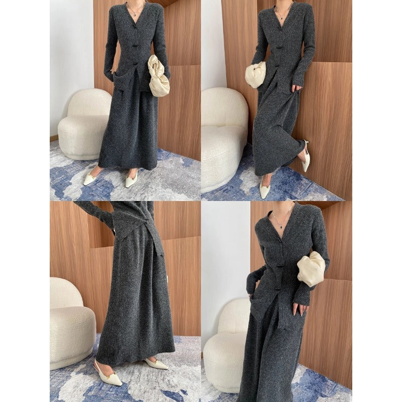 Damen elegantes Long-Strickkleid mit feinen Knopfdetails Drune