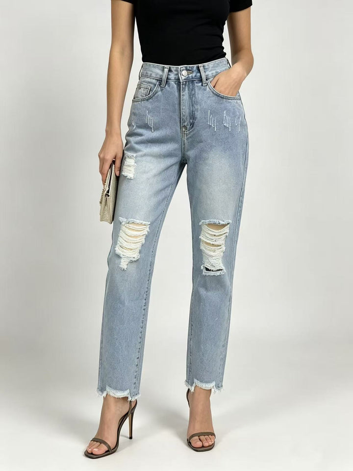 Damen nan hochgeschnittene Straight Leg Jeans mit gezielten Rissdetails und rohem Knöchelabschluss Drune