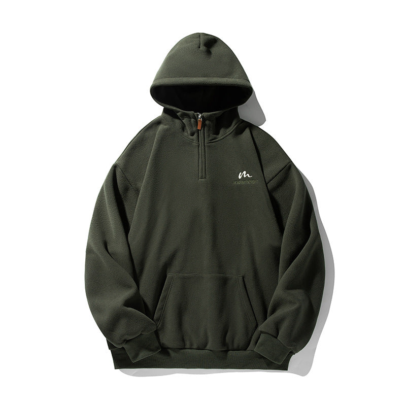 Unisex Fleece-Halbzip-Kapuzenpullover mit Kängurutasche und geripptem Saum Drune