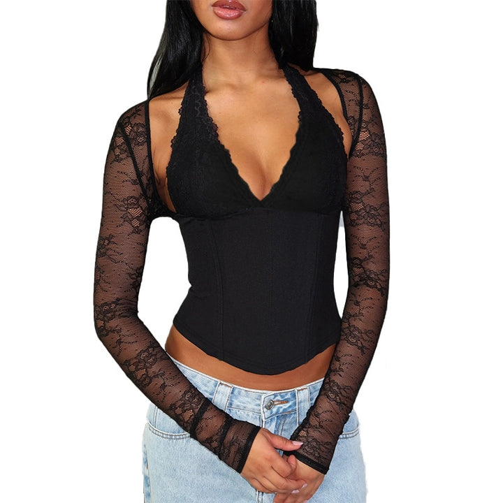 Damen eleganter Body mit Spitzendetails und tiefem V-Ausschnitt Drune