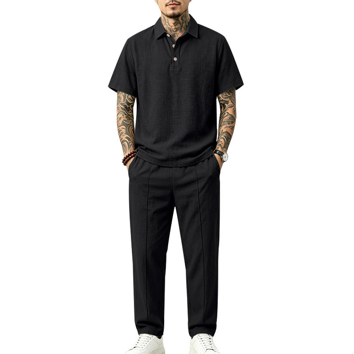 Herren Polo-Lounge-Set aus leichter Leinenmischung mit Kurzarm-Polo und gerader Bundfaltenhose Drune