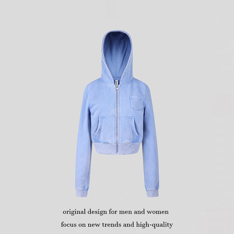 Damen Kurz geschnittene Kapuzen-Sweatjacke mit durchgehendem Reißverschluss im Boxy-Schnitt und Brusttasche Drune