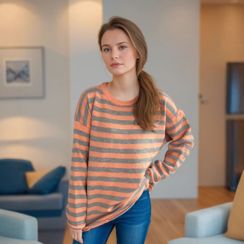 Damen gestrickter Oversized-Pullover mit lässigem Streifenmuster Drune