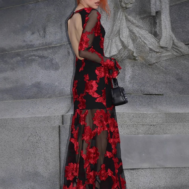 Damen Maxikleid mit transparentem Mesh und floraler Stickerei Drune