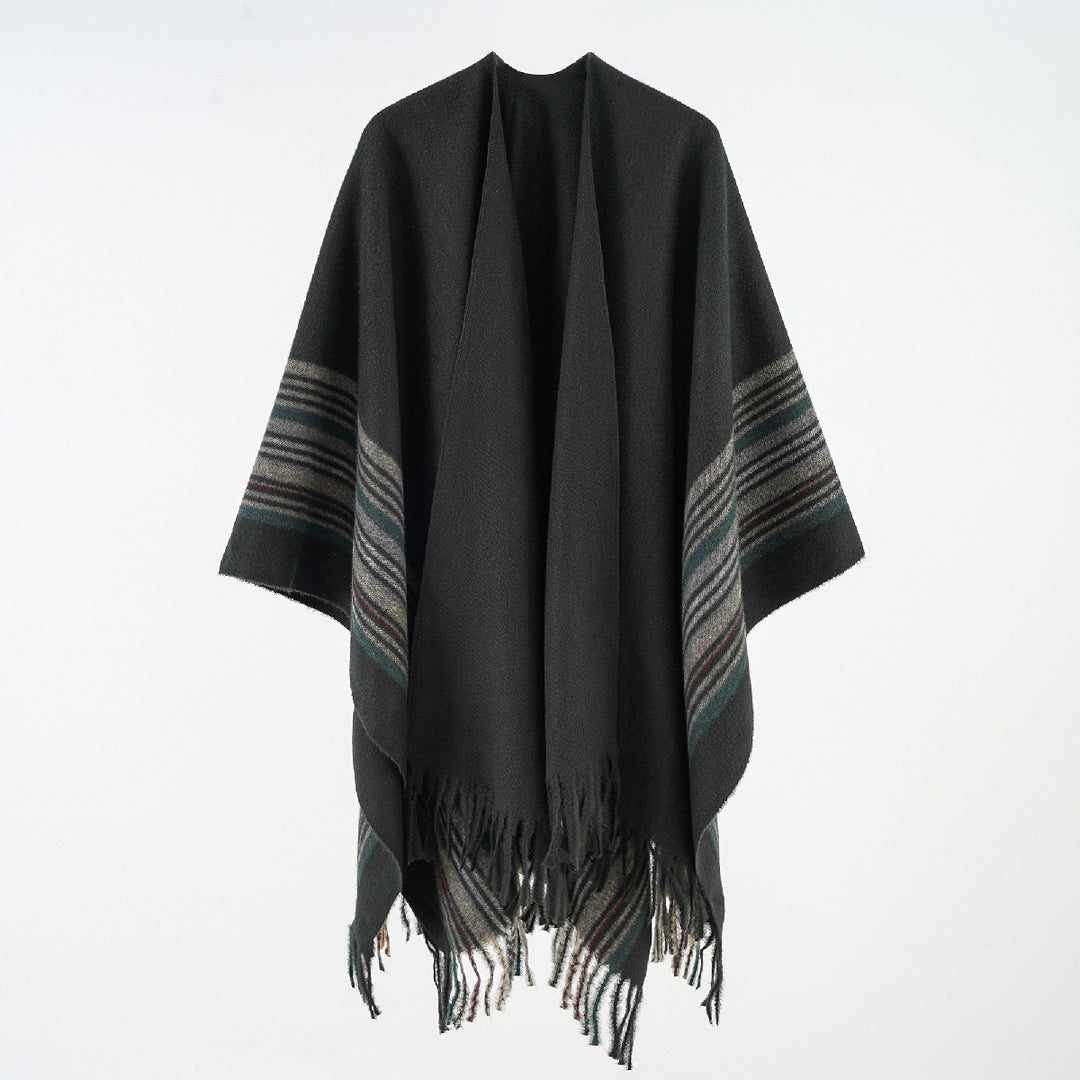 Damen Weichfallender Umlegeponcho mit gestreifter Bordüre und Fransensaum Drune
