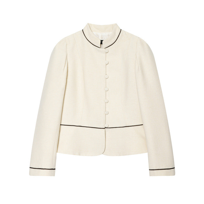 Damen Bouclé-Tweed Kurzjacke mit Stehkragen, taillierter Schnitt und Kontrastpaspel Drune