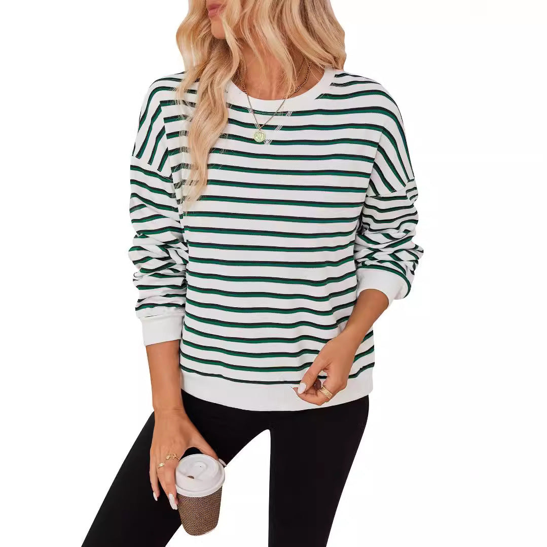 Damen lässiger Sweatshirt mit modernem Streifenmuster und Rundhalsausschnitt Drune