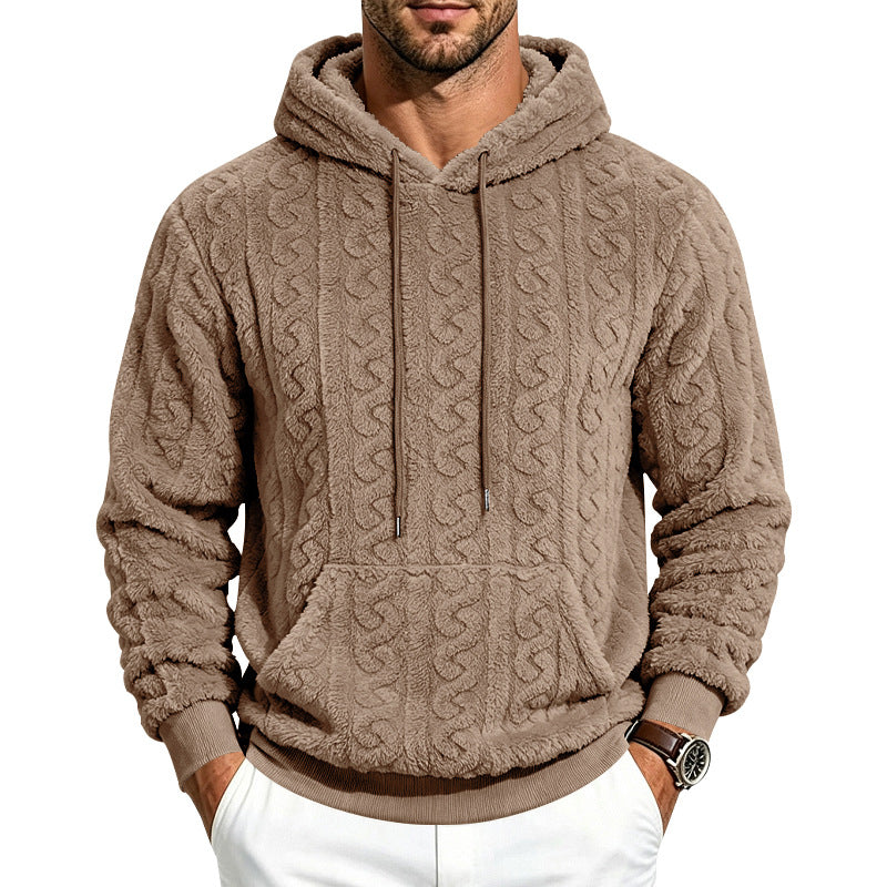 Herren Teddy-Fleecepullover mit Zopfmuster, Kapuze und Kängurutasche Drune