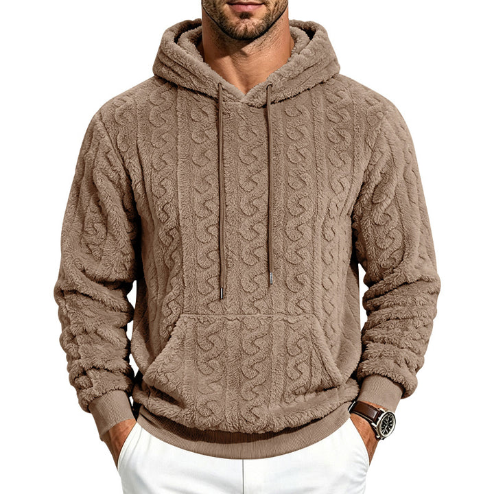 Herren Teddy-Fleecepullover mit Zopfmuster, Kapuze und Kängurutasche Drune