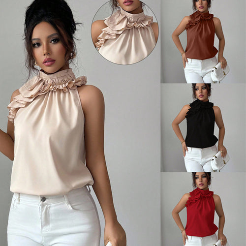 Damen Hochgeschlossenes Chiffon-Top mit Rüschenkragen und asymmetrischem Volant Drune