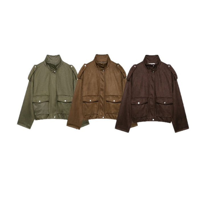 Damen Kurze Wildlederoptik-Fieldjacke mit Stehkragen, Pattentaschen und Schulterklappen Drune