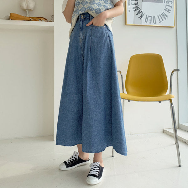 Damen Langer Jeans-Culotte-Rock mit hoher Taille, kastiger A-Linien-Silhouette und Eingrifftaschen Drune
