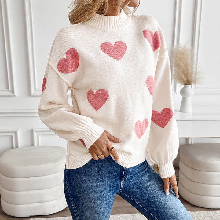Damen Kuscheliger Strickpullover mit Herzjacquard und Stehkragen Drune
