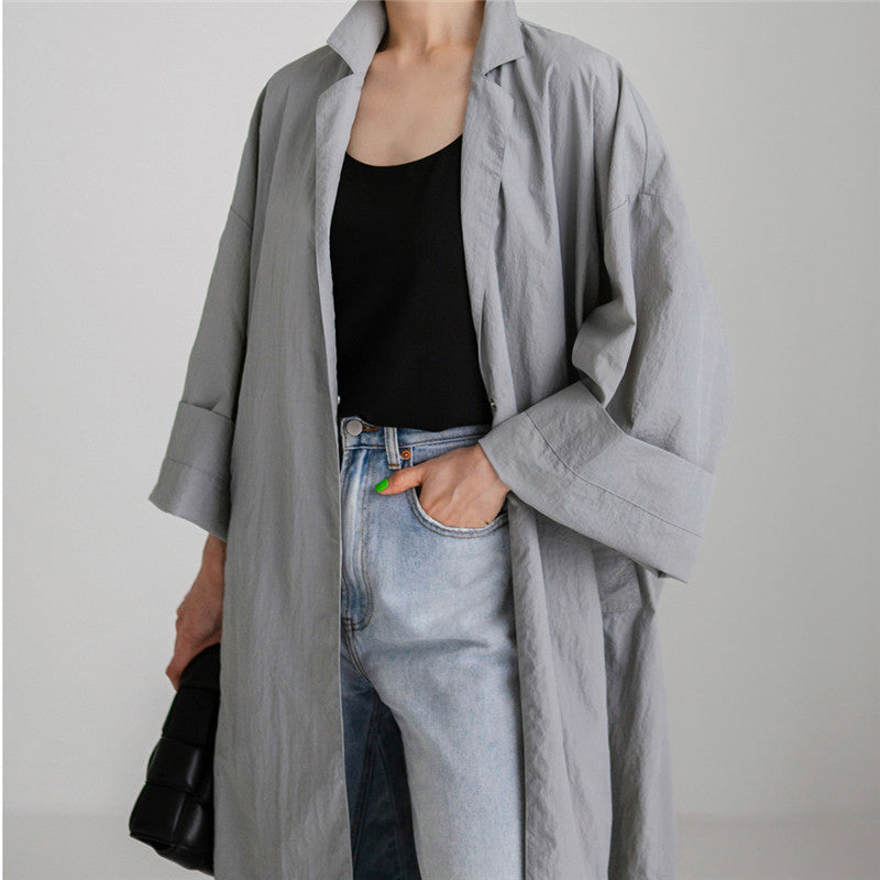 Damen Leichter Long-Duster im Crinkle-Look mit Stehkragen, tiefen Seitenschlitzen und Eingrifftaschen Drune