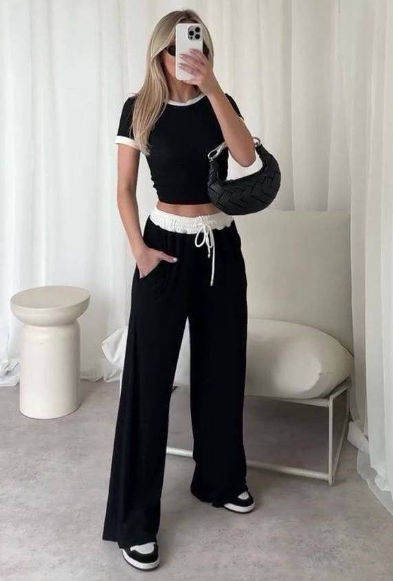 Damen Loungewear-Set mit cropped Oberteil und weitem Hosenbein Drune