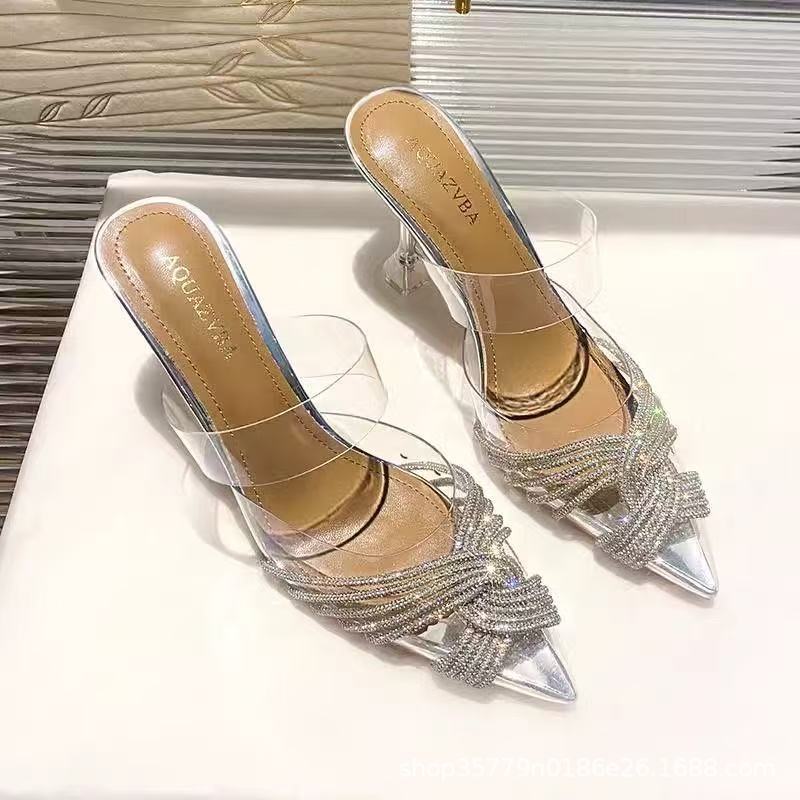 Damen spitz zulaufende Mule mit funkelnden Kristallriemen und skulpturellem Acrylabsatz Drune