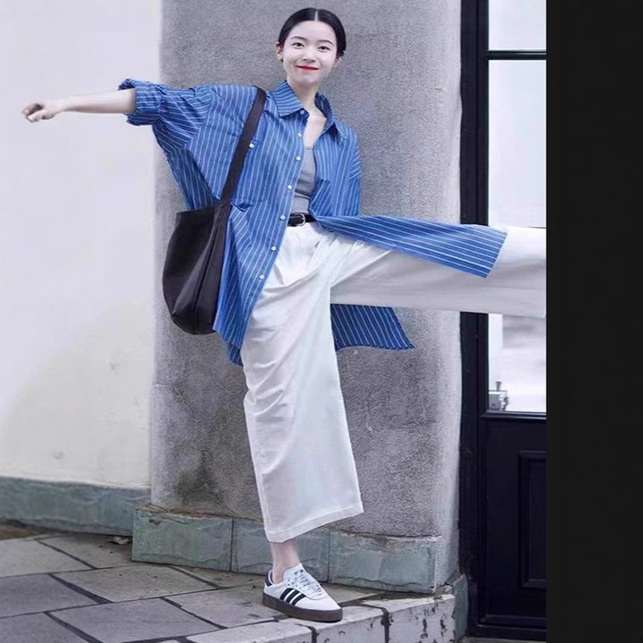 Damen Oversize-Streifenhemd mit verlängertem Saum und kastiger Passform Drune
