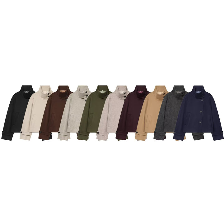 Damen Cropped Wollblouson‑Mantel mit hohem Stehkragen und Knopfblende Drune
