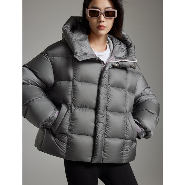 Damen Kurze Boxy‑Steppjacke mit Oversize‑Ärmeln, hohem Thermokragen und Kapuze Drune