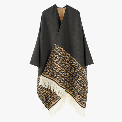 Damen Reversibler Capeponcho mit Monogramm‑Bordüre und Fransensaum Drune