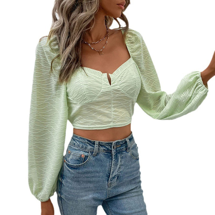 Damen Kurzes Bustier-Cropped-Top mit herzförmigem Ausschnitt, Puffärmeln und strukturierter Chiffonoptik Drune