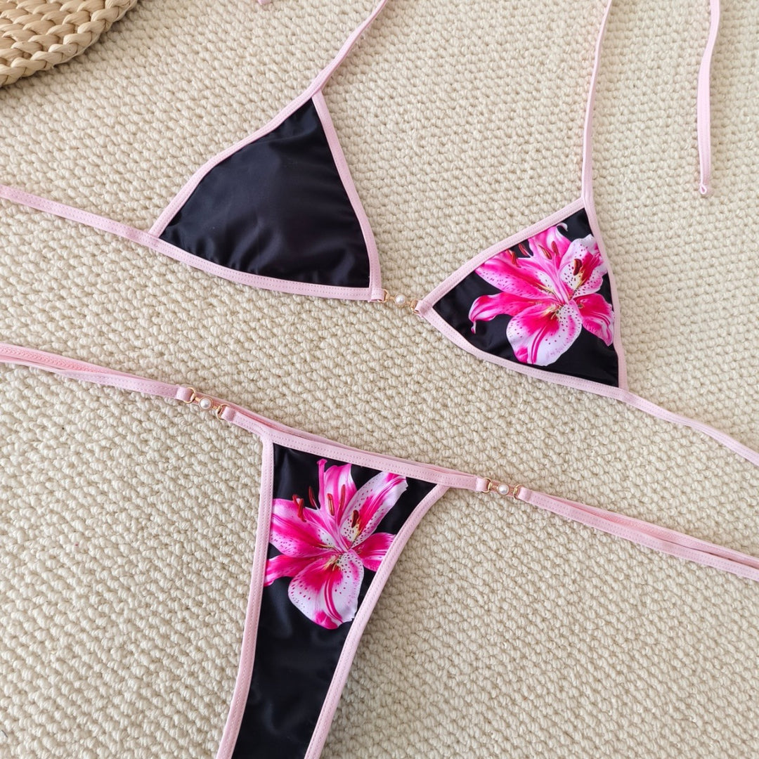 Damen Triangel-Bikini mit floralen Akzenten und verstellbaren Bändern Drune