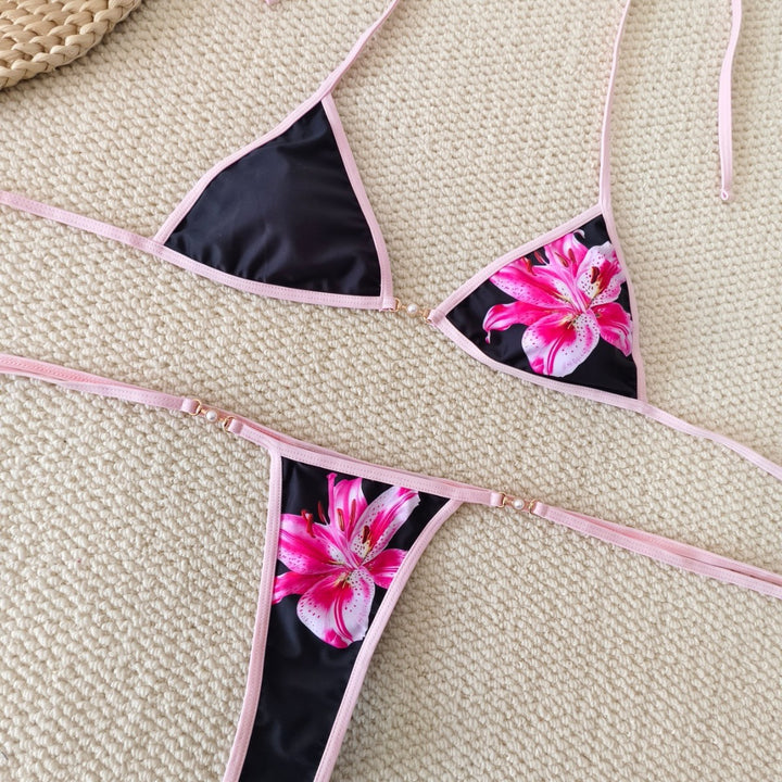 Damen Triangel-Bikini mit floralen Akzenten und verstellbaren Bändern Drune