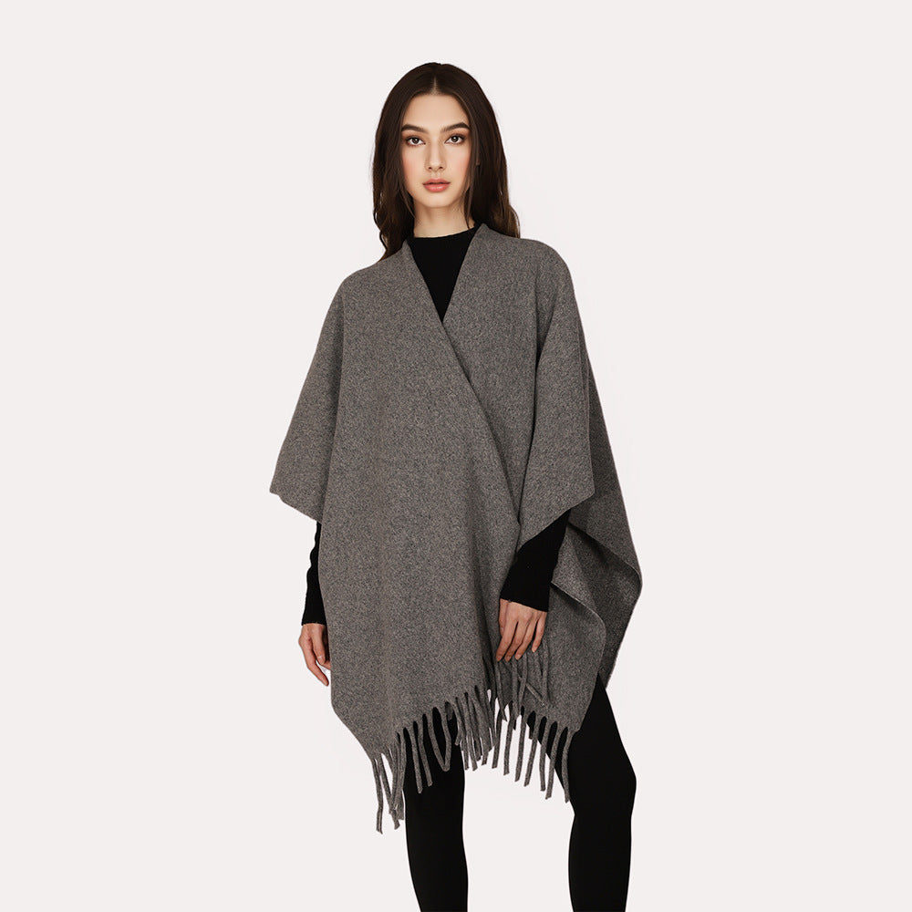 Damen Kaschmir‑Optik Capeponcho mit Fransen und offenem Oversize‑Schnitt Drune