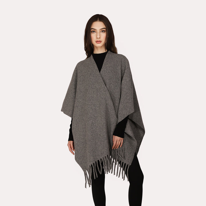 Damen Kaschmir‑Optik Capeponcho mit Fransen und offenem Oversize‑Schnitt Drune