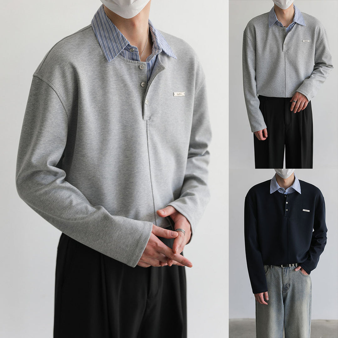 Herren Lässiges Poloshirt mit Langarm und Knopfleiste Drune