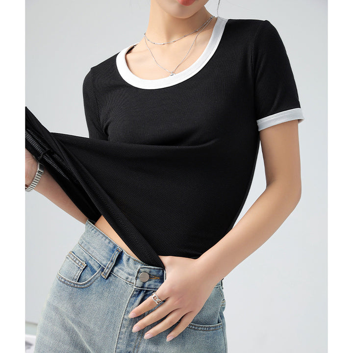 Damen kurzärmliges Shirt mit geometrischem Rippdesign und Kontrastdetails Drune