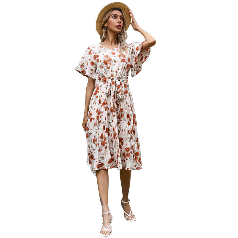 Damen Florales Midikleid mit Bindegürtel, Flatterärmeln und A-Linien-Schnitt Drune