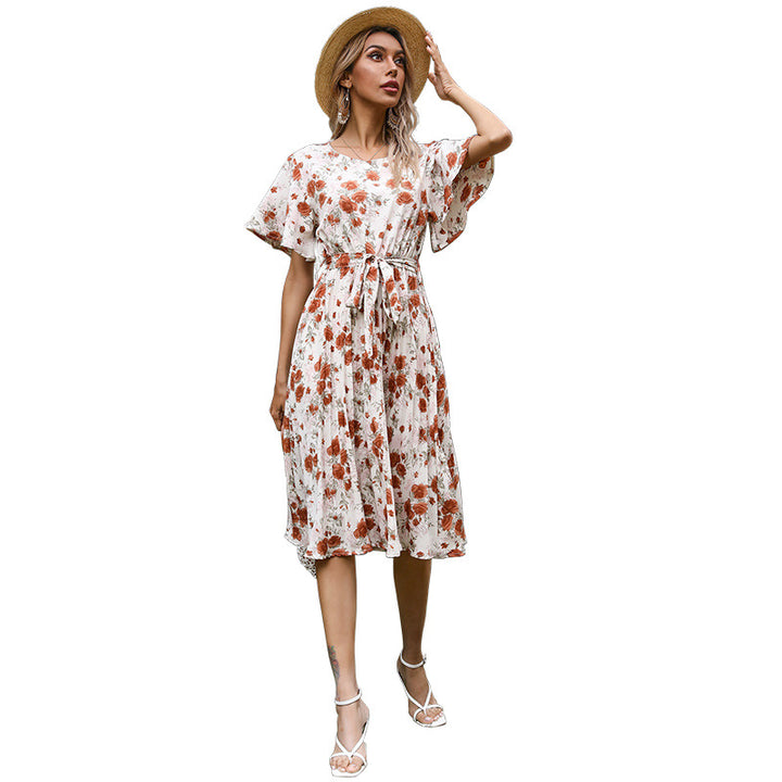 Damen Florales Midikleid mit Bindegürtel, Flatterärmeln und A-Linien-Schnitt Drune