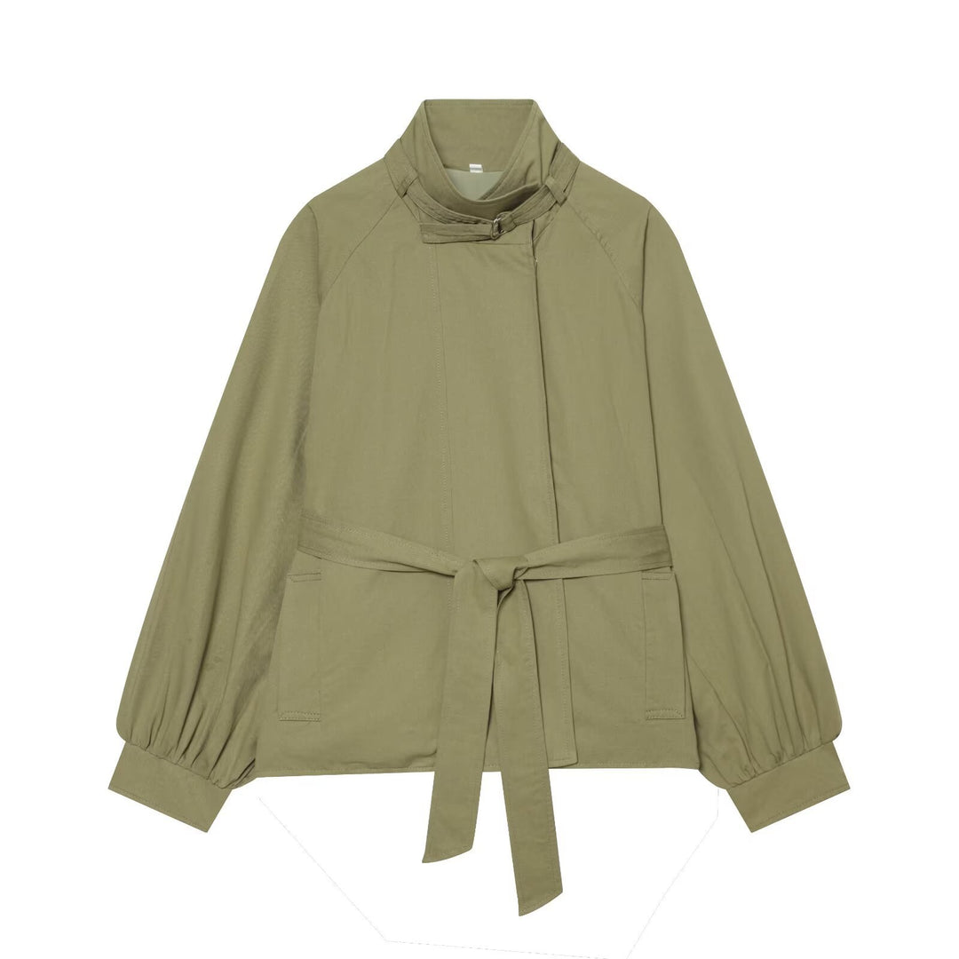 Damen Kurze Cape-Übergangsjacke mit Stehkragen, Taillengürtel und Ballonärmeln Drune