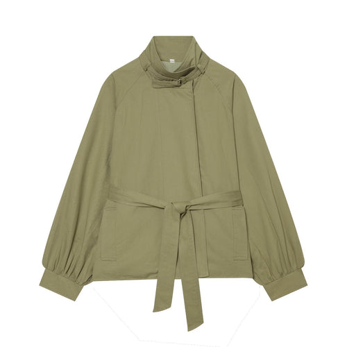 Damen Kurze Cape-Übergangsjacke mit Stehkragen, Taillengürtel und Ballonärmeln Drune
