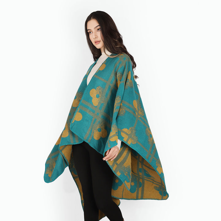 Damen Reversibler Jacquard-Poncho aus Wollmix mit floralem Karo‑Motiv und Zierkettelnaht Drune