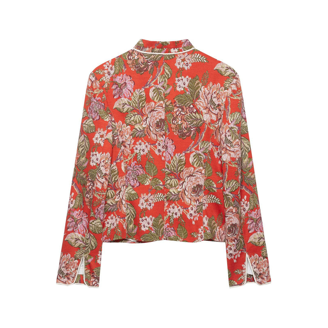 Damen floral gewebte Jacquard‑Bouclé Kurzjacke mit Stehkragen Drune