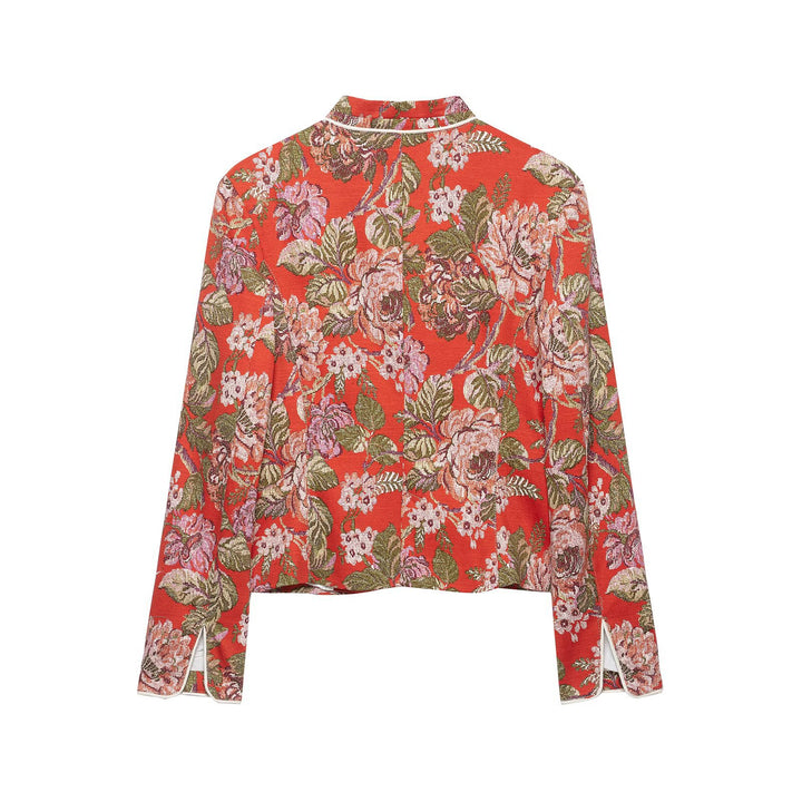 Damen floral gewebte Jacquard‑Bouclé Kurzjacke mit Stehkragen Drune