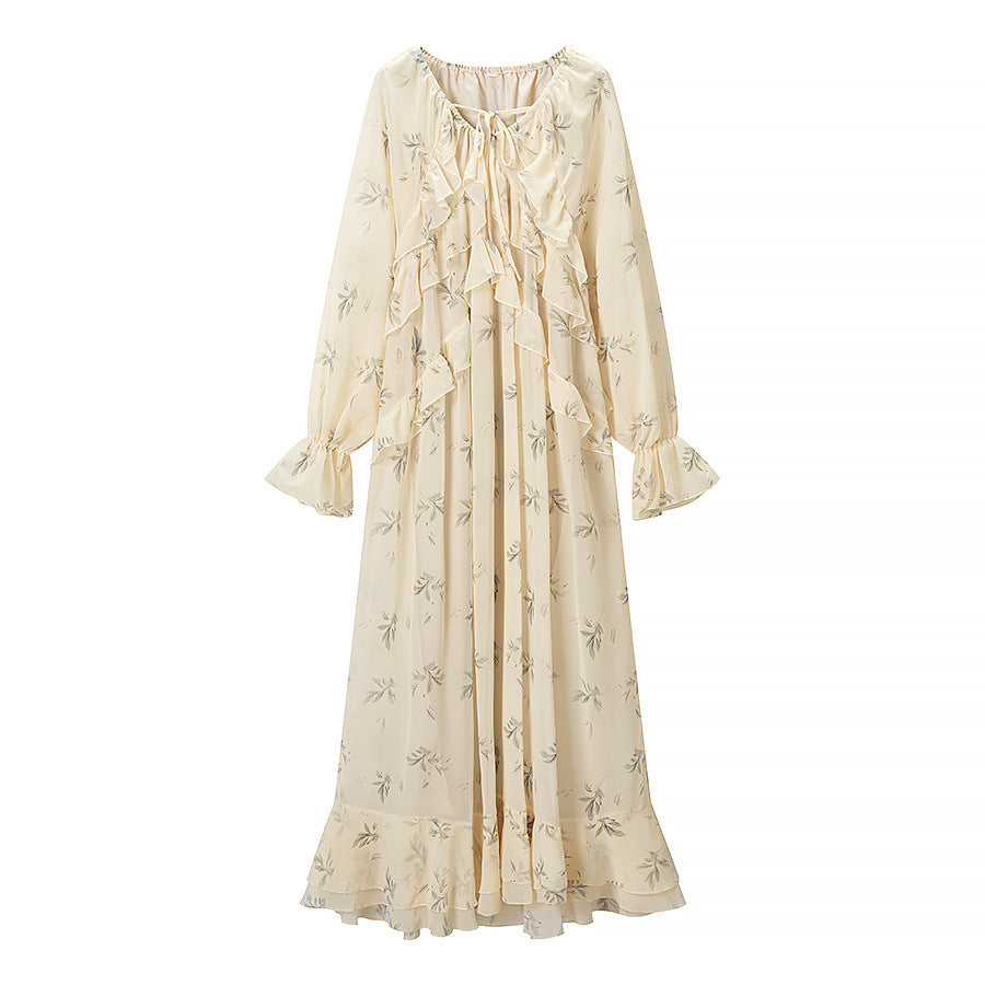 Damen Maxikleid mit Volants, langem Glockenärmel und floralem Chiffon-Design Drune
